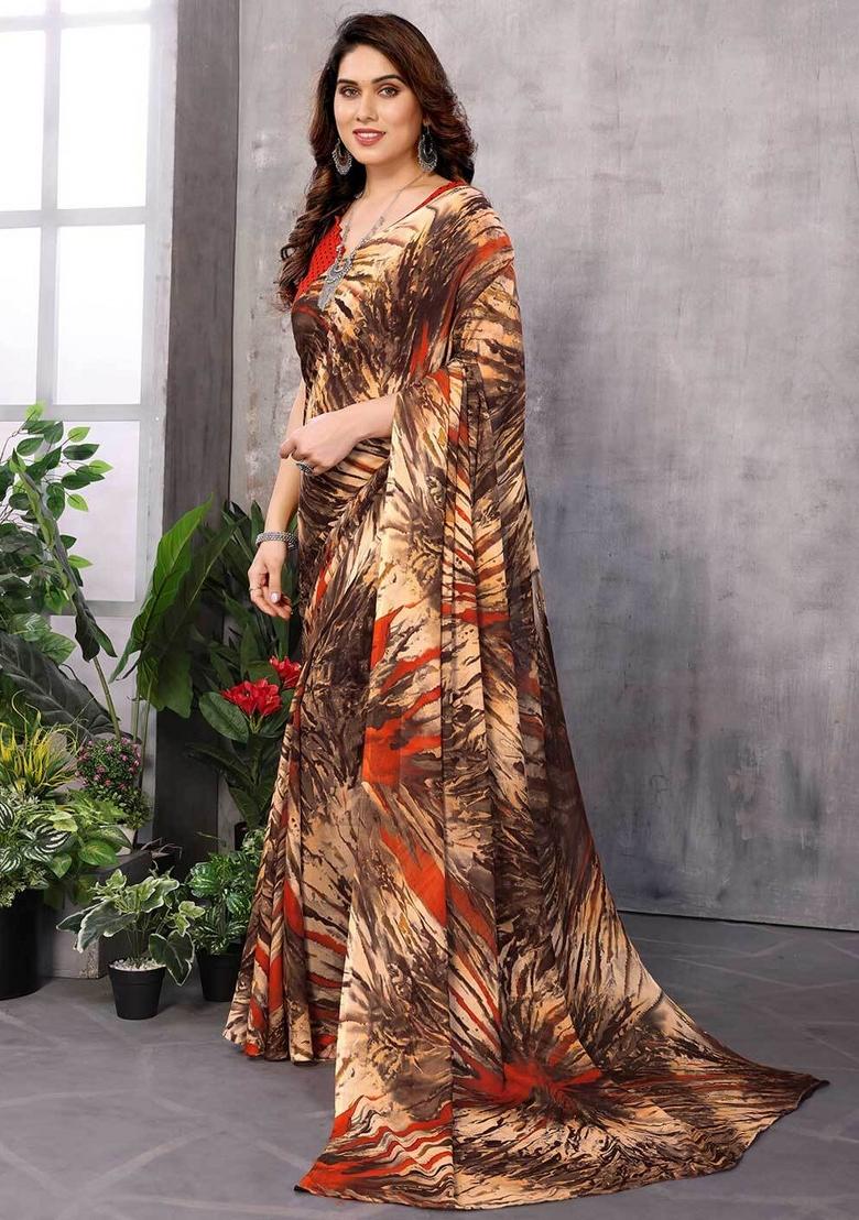 Brown Digital Print Georgette Saree Set