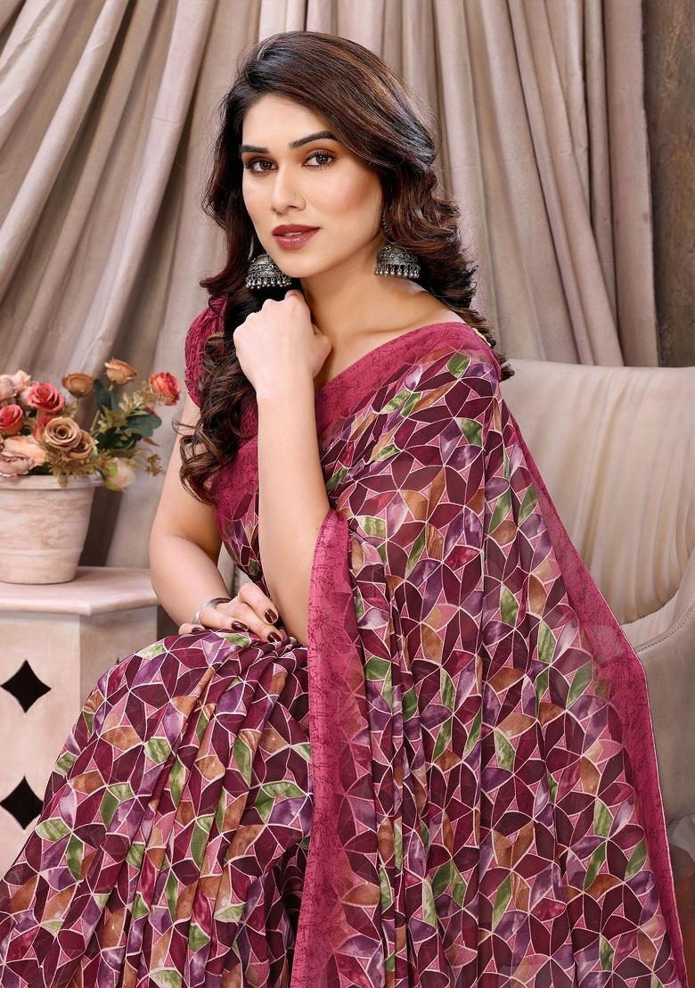Pink Digital Print Georgette Saree Set