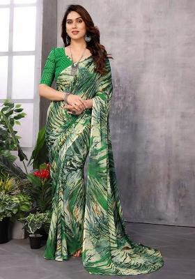 Green Digital Print Georgette Saree Set