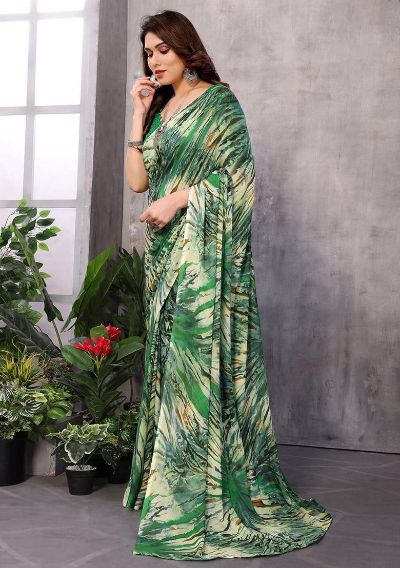 Green Digital Print Georgette Saree Set