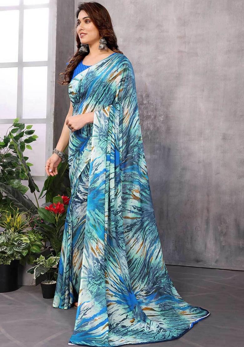 Blue Digital Print Georgette Saree Set
