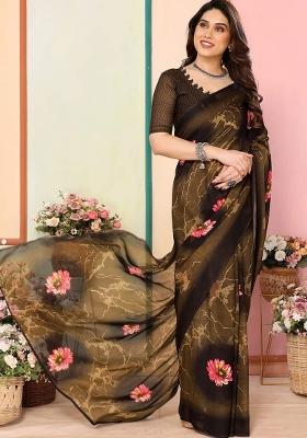 Brown Digital Print Georgette Saree Set
