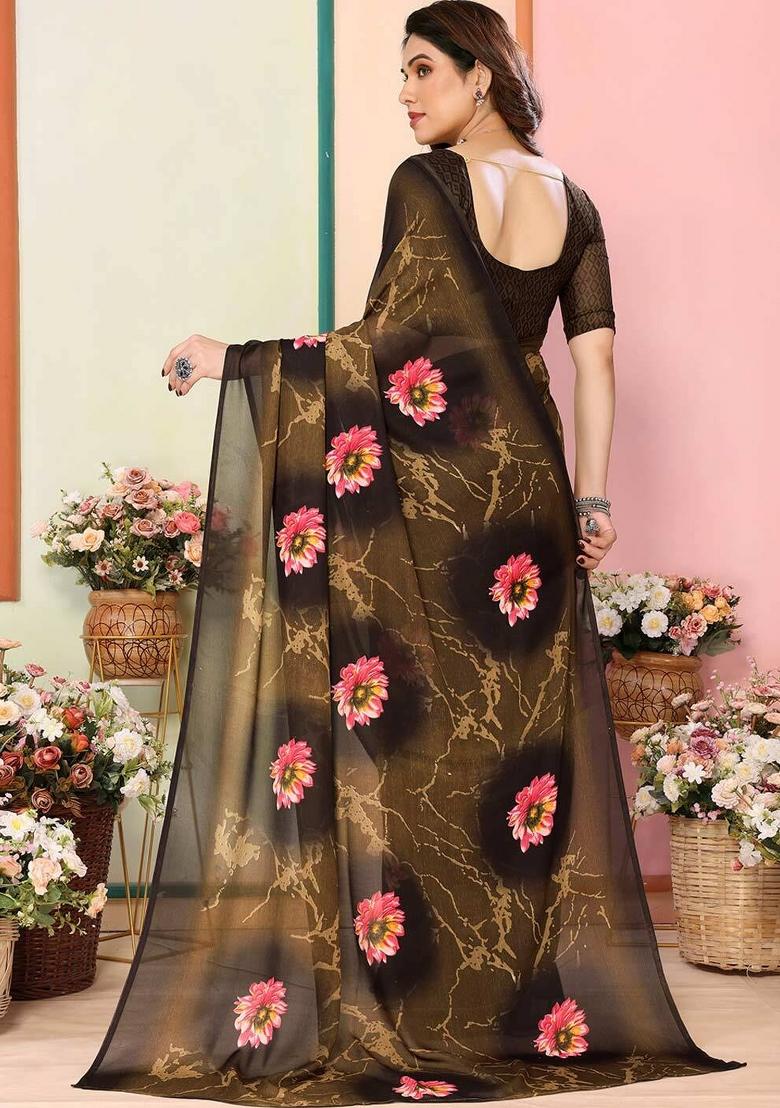 Brown Digital Print Georgette Saree Set