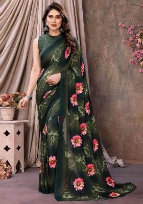 Green Digital Print Georgette Saree Set