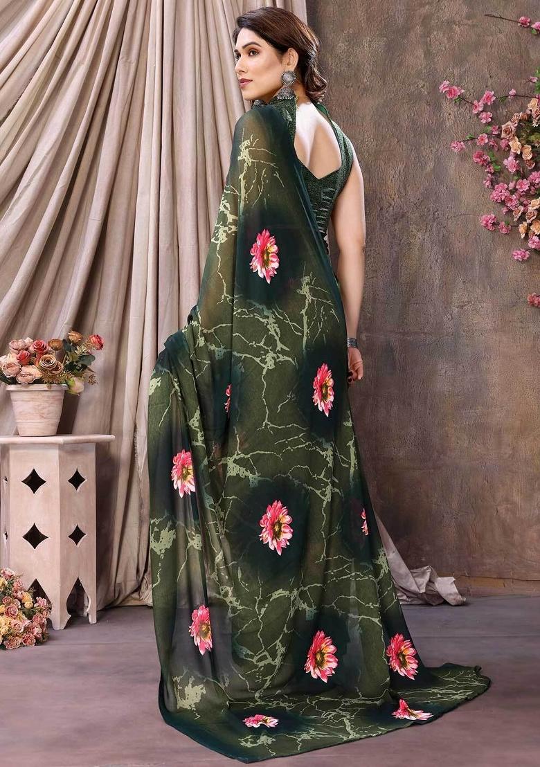 Green Digital Print Georgette Saree Set