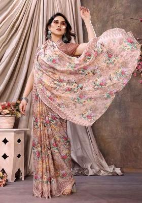Cream Digital Print Georgette Saree Set