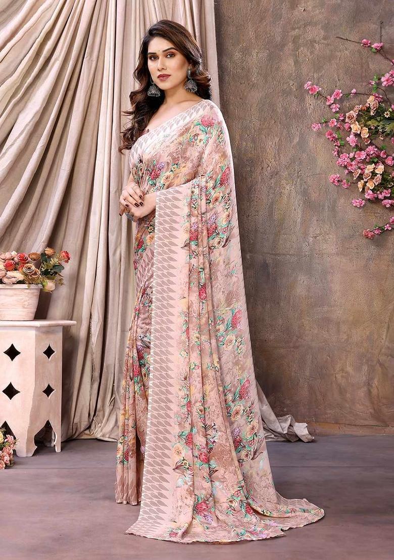 Cream Digital Print Georgette Saree Set