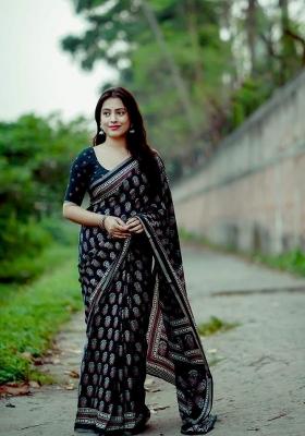 Black Digital Print Cotton Saree Set