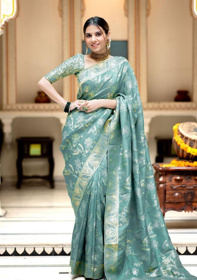Aqua Blue Jacquard Zari Weave Banarasi Soft Silk Saree Set