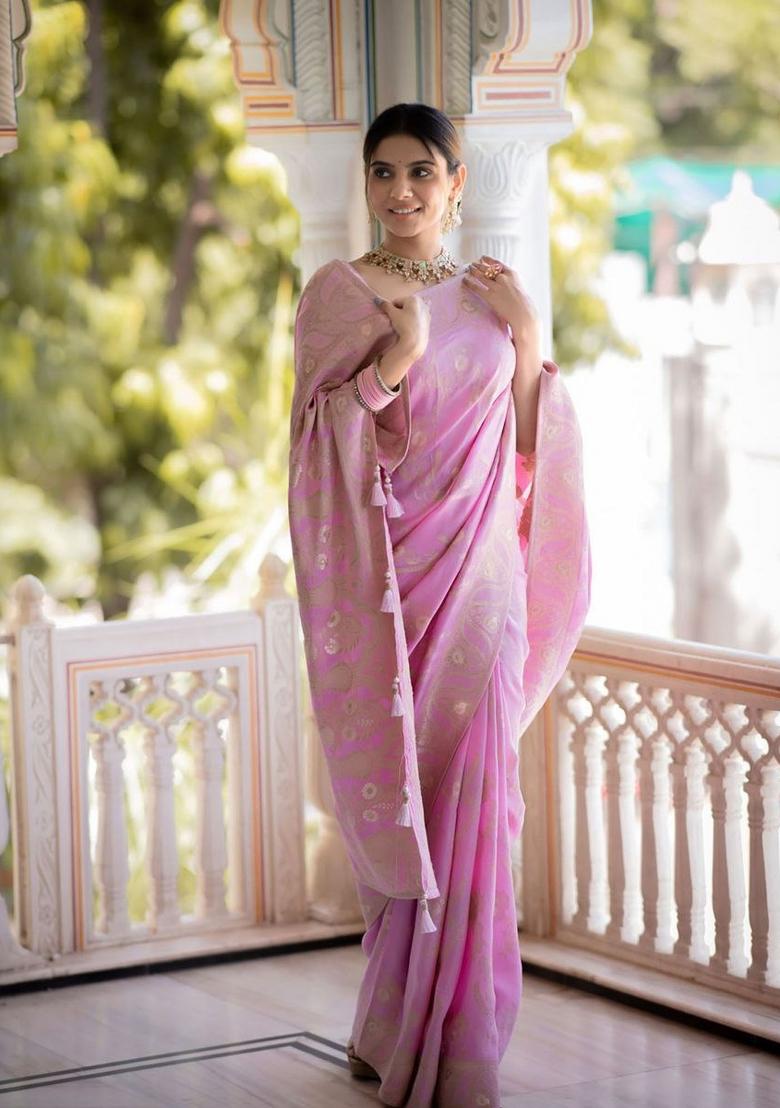 Baby Pink Jacquard Zari Weave Banarasi Soft Silk Saree Set