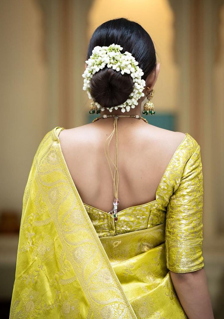 Lime Yellow Jacquard Zari Weave Banarasi Soft Silk Saree Set