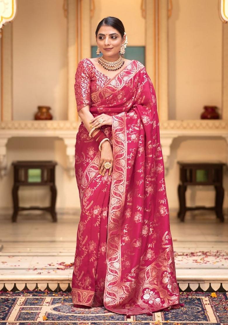 Pink Jacquard Zari Weave Banarasi Soft Silk Saree Set