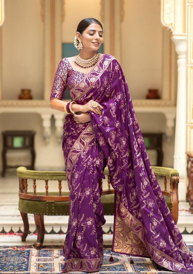 Purple Jacquard Zari Weave Banarasi Soft Silk Saree Set