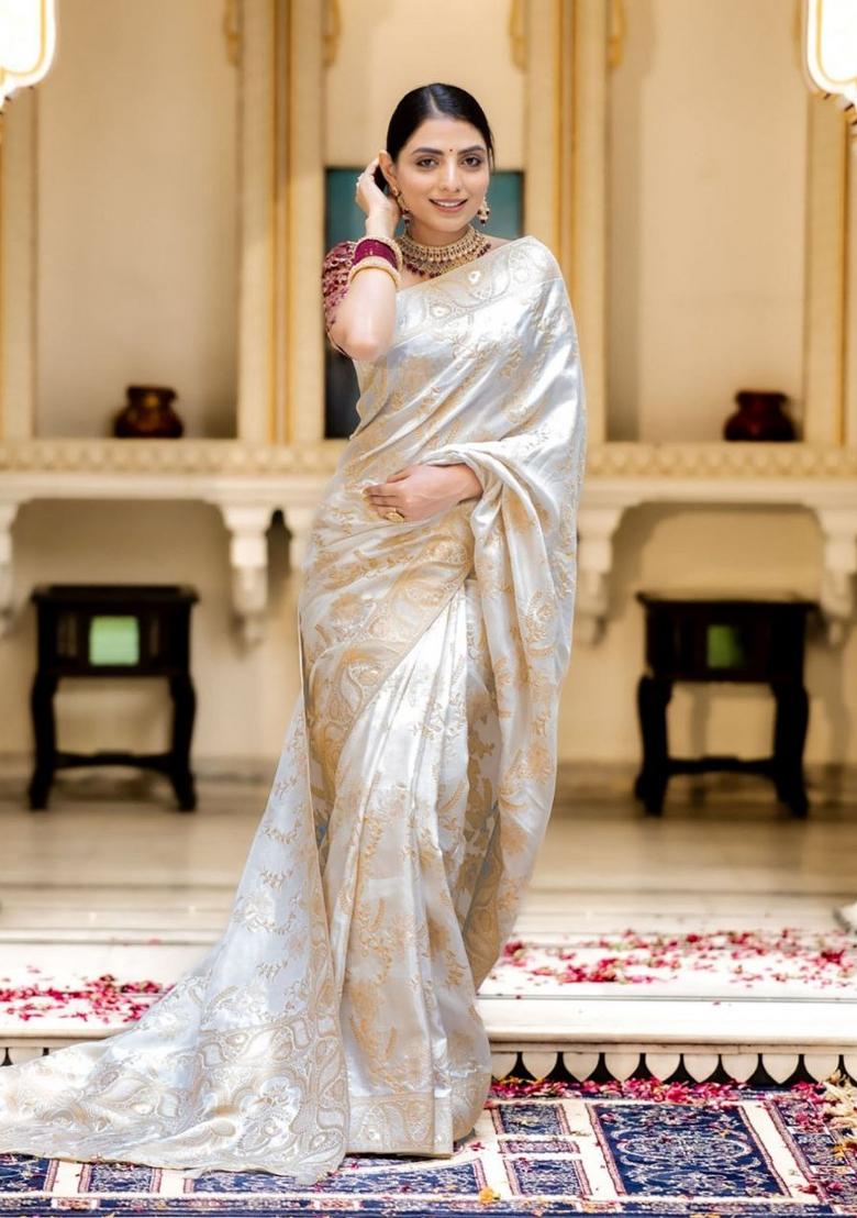 White Jacquard Zari Weave Banarasi Soft Silk Saree Set