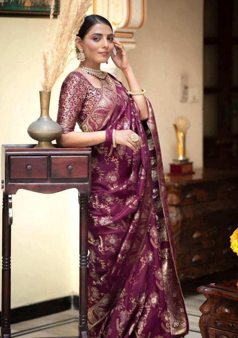 Wine Jacquard Zari Weave Banarasi Soft Silk Saree Set