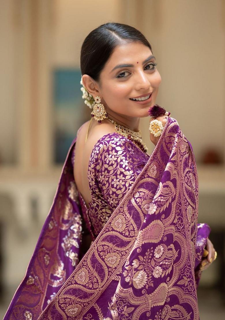 Wine Jacquard Zari Weave Banarasi Soft Silk Saree Set