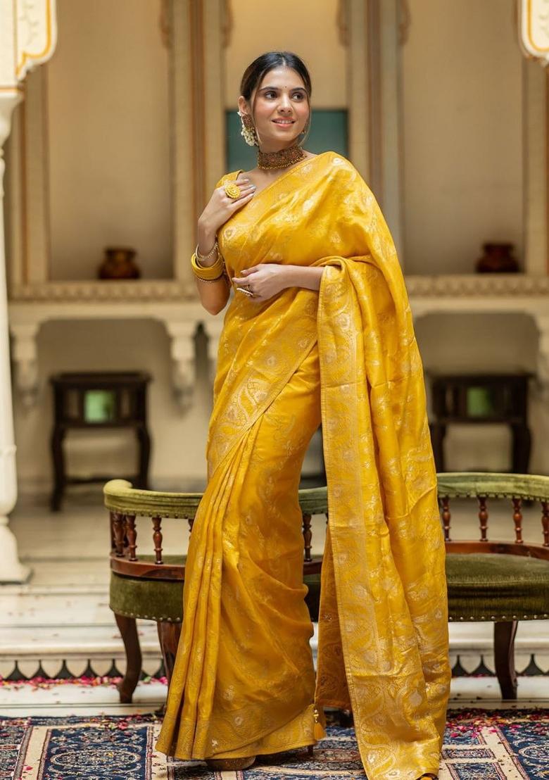 Yellow Jacquard Zari Weave Banarasi Soft Silk Saree Set