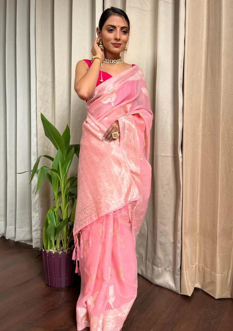 Baby Pink Jacquard Zari Weave Lilan Saree Set