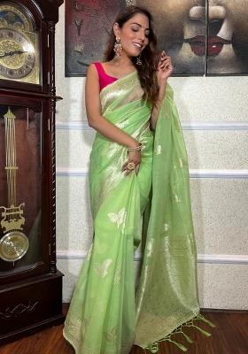 Pista Green Jacquard Zari Weave Lilan Saree Set