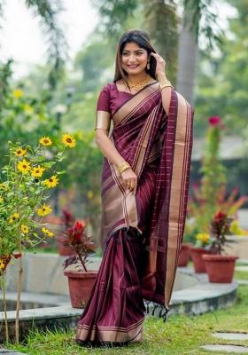 Wine Jacquard Zari Weave Banarasi Silk Saree Set