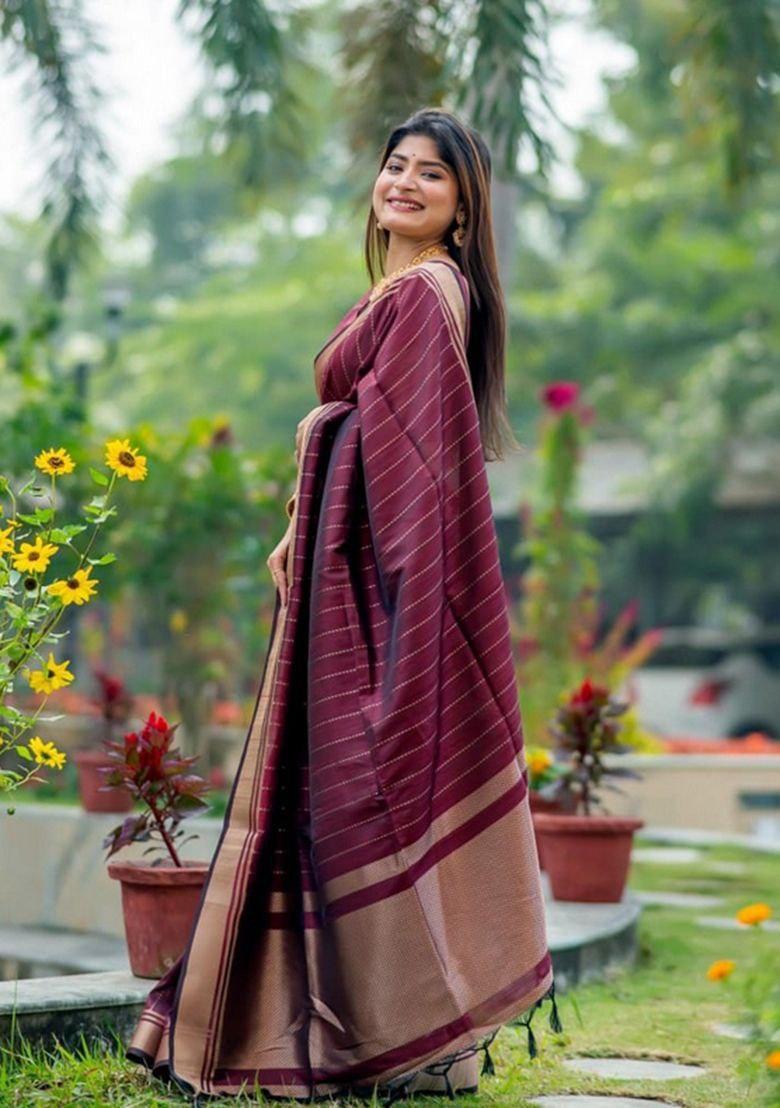 Wine Jacquard Zari Weave Banarasi Silk Saree Set