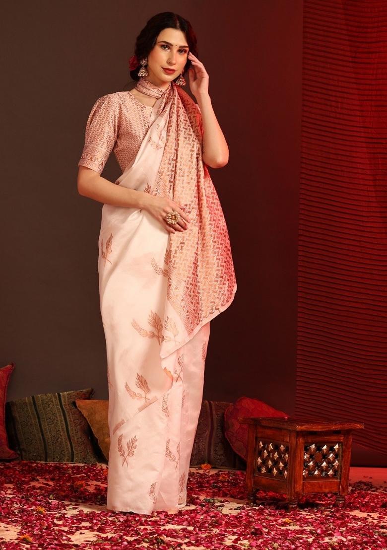 Off White Jacquard Zari Weave Banarasi Silk Saree Set