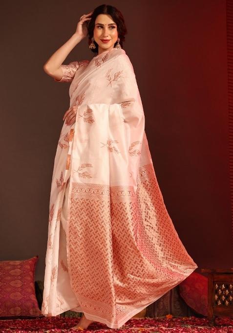 Off White Jacquard Zari Weave Banarasi Silk Saree Set