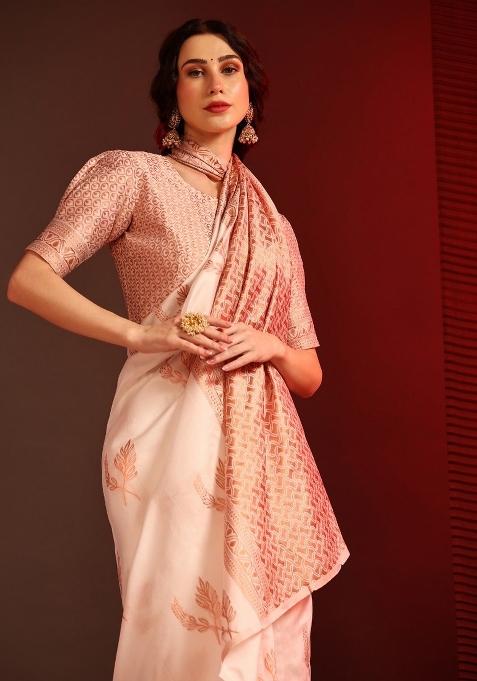 Off White Jacquard Zari Weave Banarasi Silk Saree Set