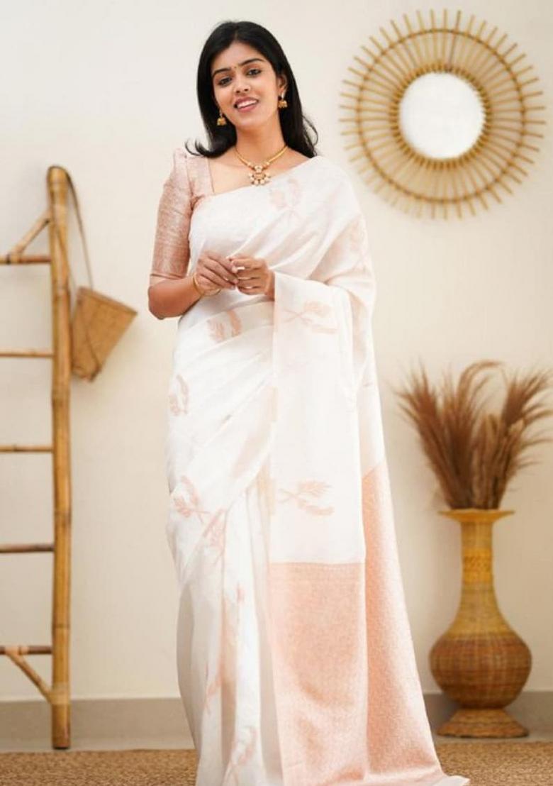 White Jacquard Zari Weave Banarasi Silk Saree Set