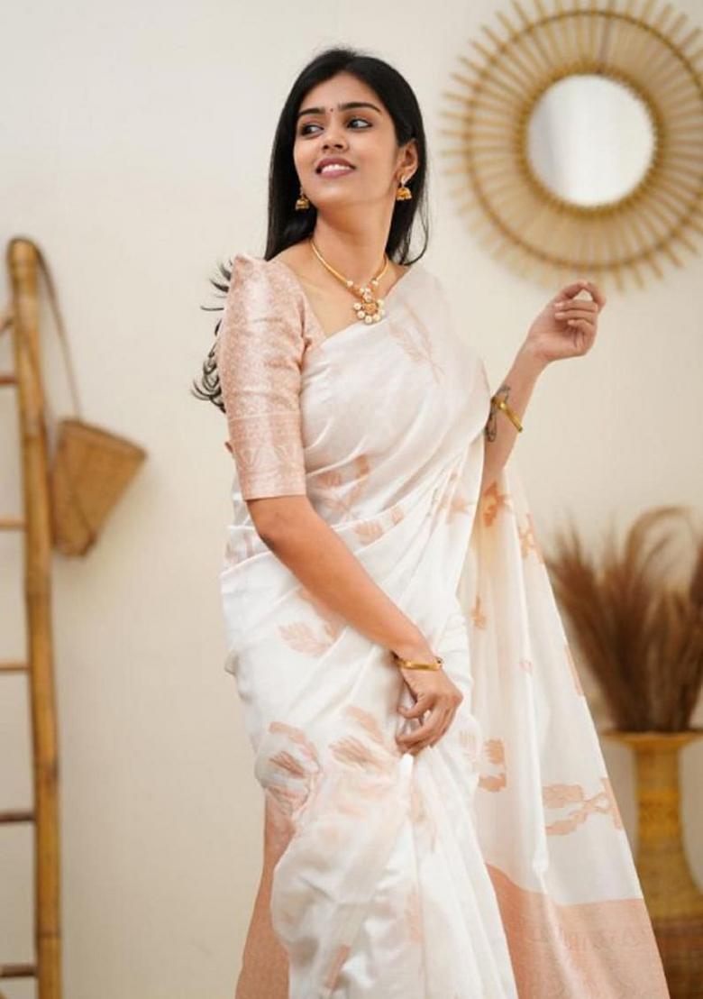 White Jacquard Zari Weave Banarasi Silk Saree Set