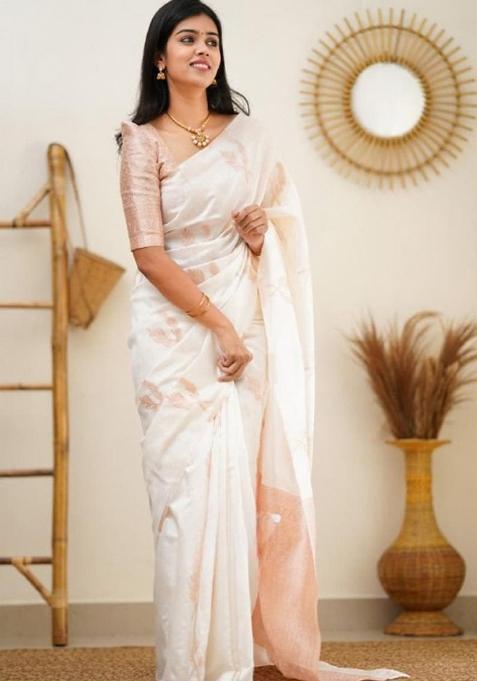 White Jacquard Zari Weave Banarasi Silk Saree Set