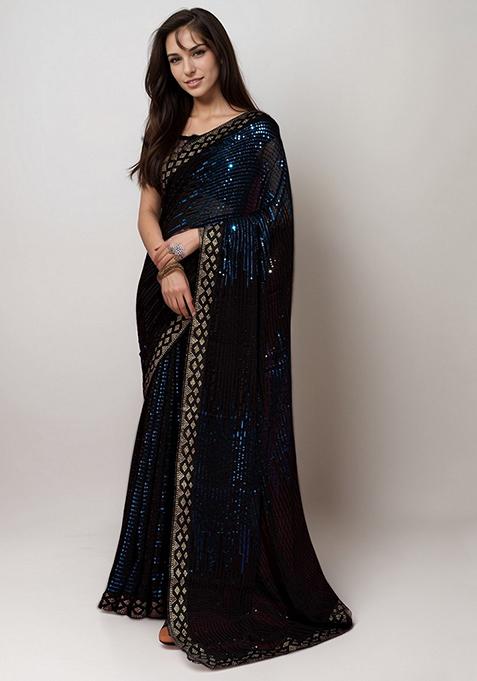 Blue Embroidered Faux Georgette Saree Set