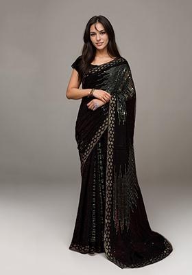 Green Embroidered Faux Georgette Saree Set
