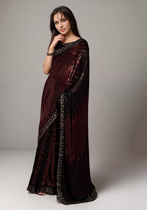 Red Embroidered Faux Georgette Saree Set