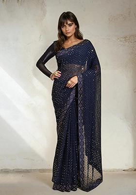 Blue Embroidered Faux Georgette Saree Set