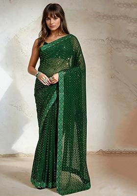 Green Embroidered Faux Georgette Saree Set
