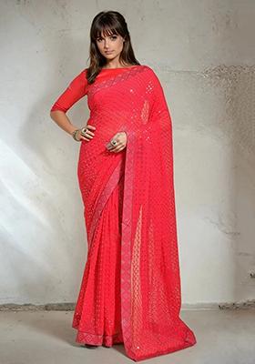 Pink Embroidered Faux Georgette Saree Set