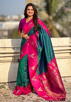 Teal Blue Woven Silk Blend Saree Set