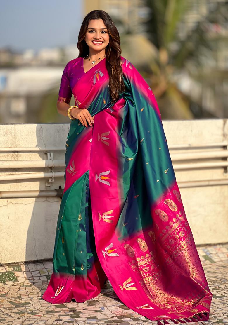Teal Blue Woven Silk Blend Saree Set