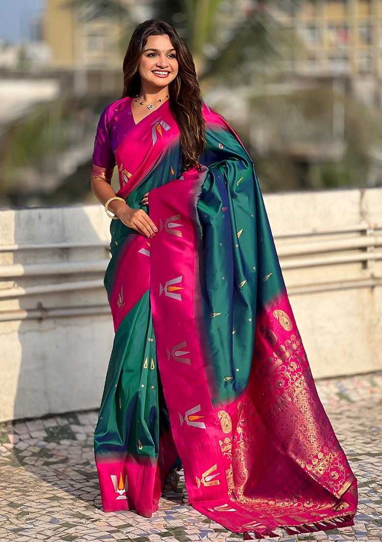 Teal Blue Woven Silk Blend Saree Set