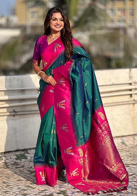 Teal Blue Woven Silk Blend Saree Set