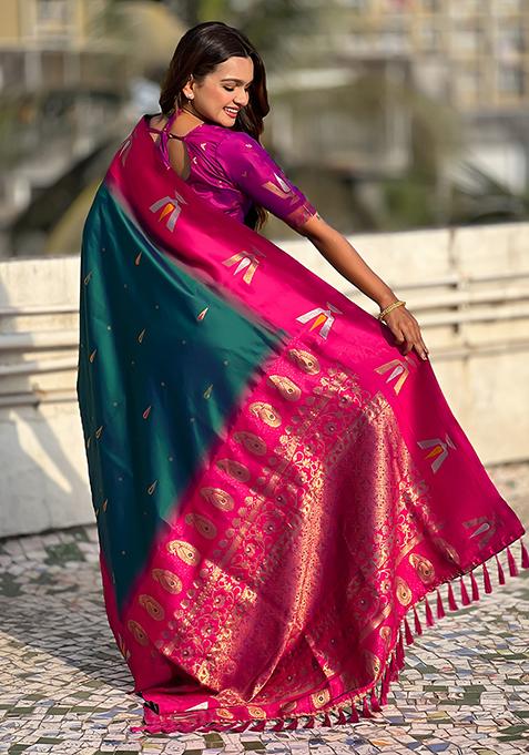 Teal Blue Woven Silk Blend Saree Set