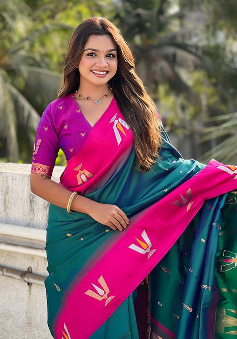 Teal Blue Woven Silk Blend Saree Set