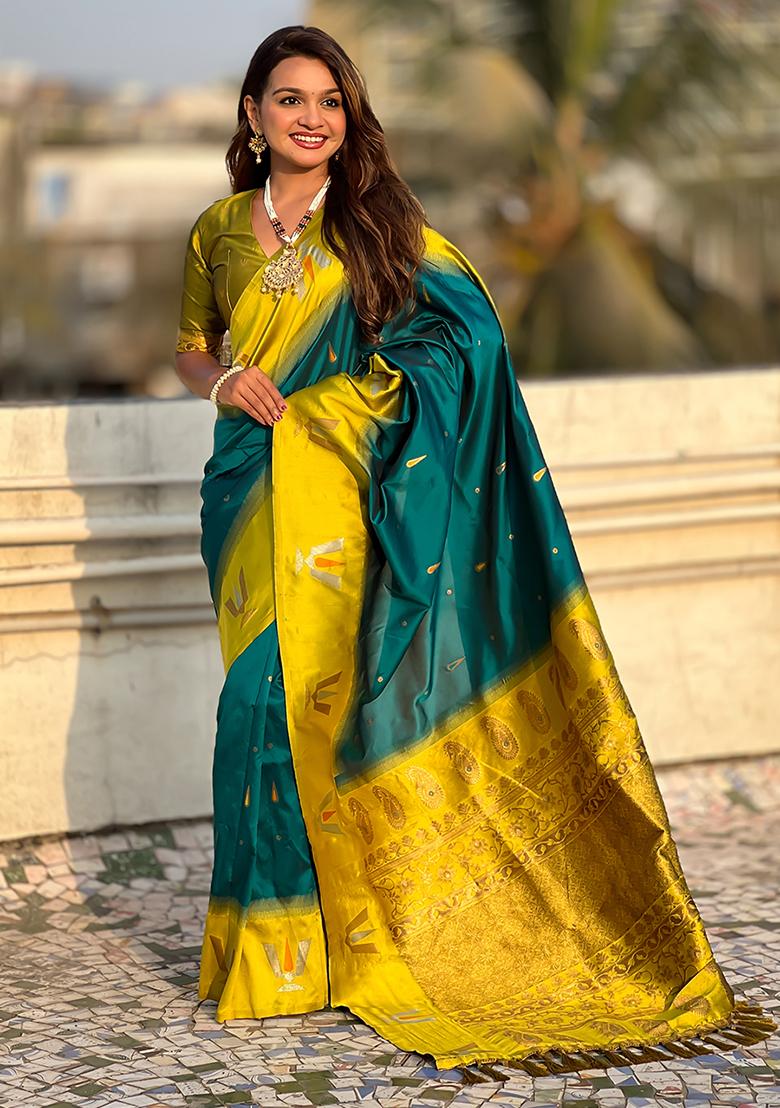 Teal Blue Woven Silk Blend Saree Set