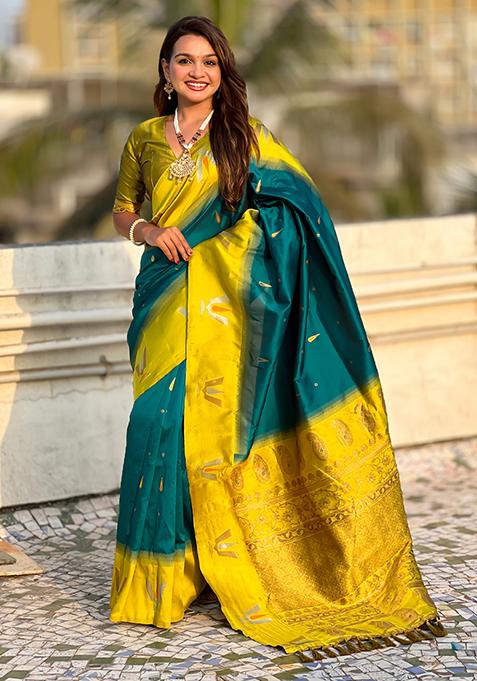 Teal Blue Woven Silk Blend Saree Set