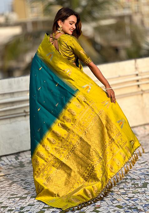 Teal Blue Woven Silk Blend Saree Set