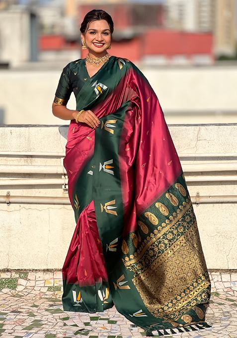 Burgundy Woven Silk Blend Saree Set