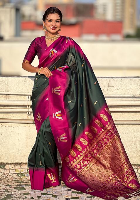 Green Woven Silk Blend Saree Set