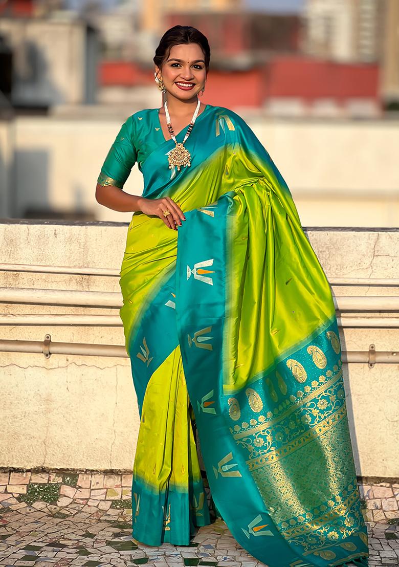 Green Woven Silk Blend Saree Set