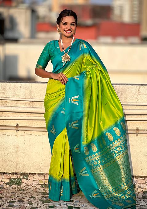 Green Woven Silk Blend Saree Set